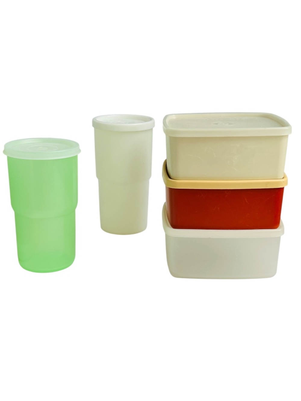 Tupperware Storage Containers 3 Square & 2 Tumblers with Lids
